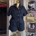 European and american cross-border women's fashion:  autumn new collection - solid color turn-down collar button-down short sleeve shirt and wide-leg shorts set