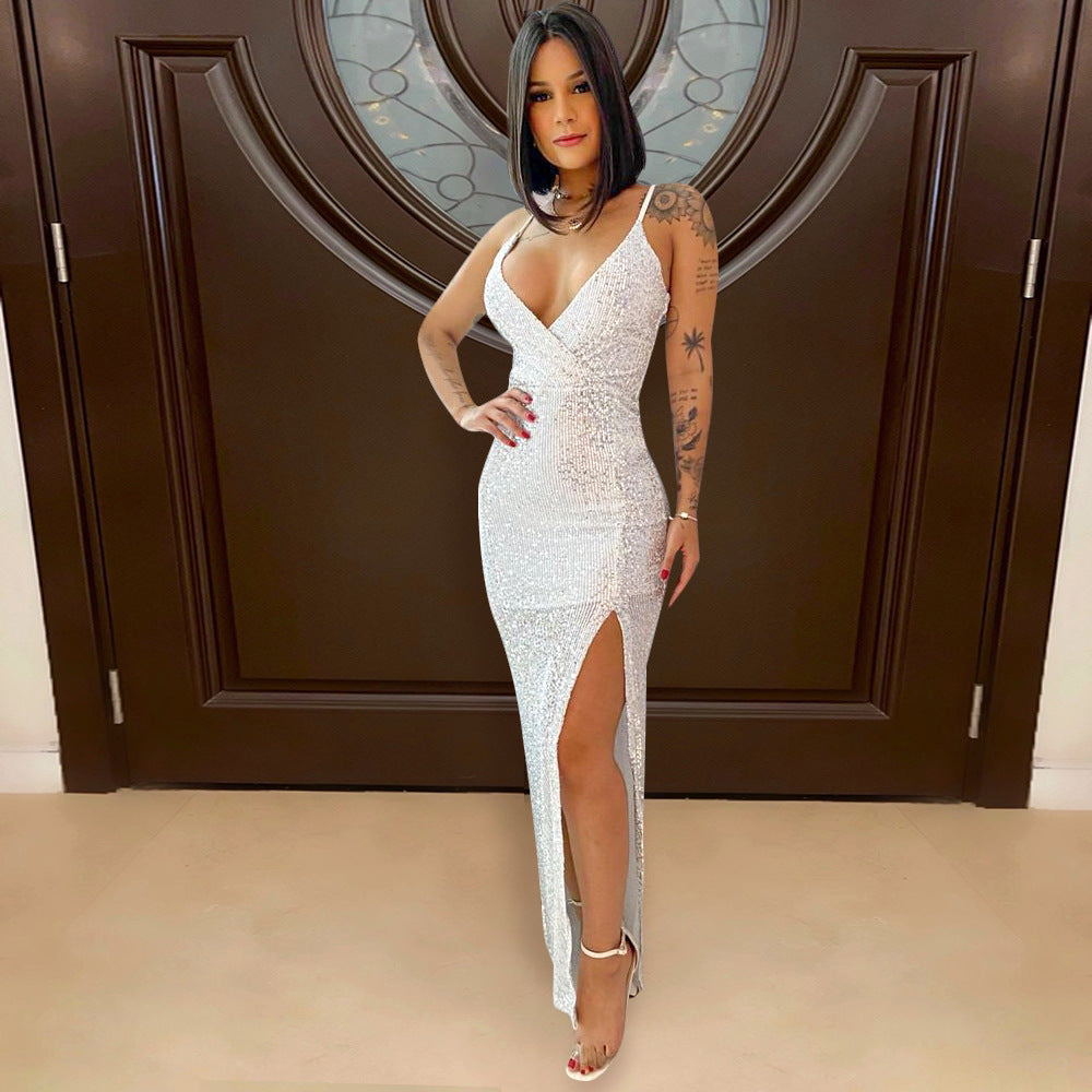 S390207 Cross-border  Women's Sexy, Suspender V-Neck Sequins Party High Waist Split, Dress Women