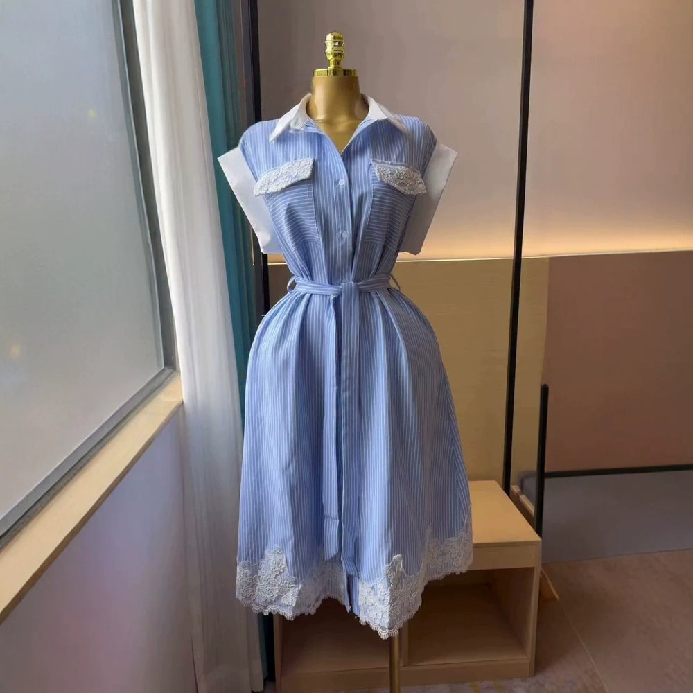 European and american cross-border women's fashion:  summer new collection - striped, turn-down collar, lace-trimmed, cinched-waist shirt dress