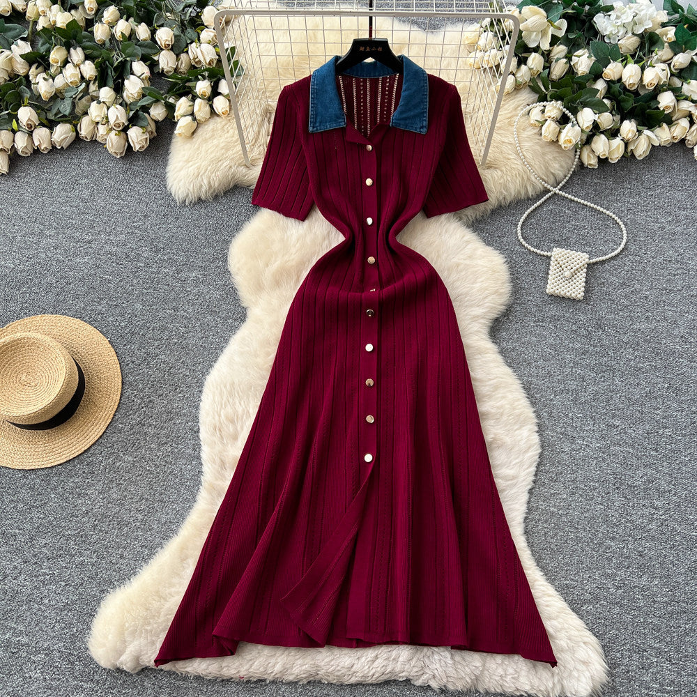 Frenchretrocontrast color lapel short sleeve metal button silmknittingdress women's spring waist slimming lookelegant skirt