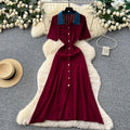 Frenchretrocontrast color lapel short sleeve metal button silmknittingdress women's spring waist slimming lookelegant skirt