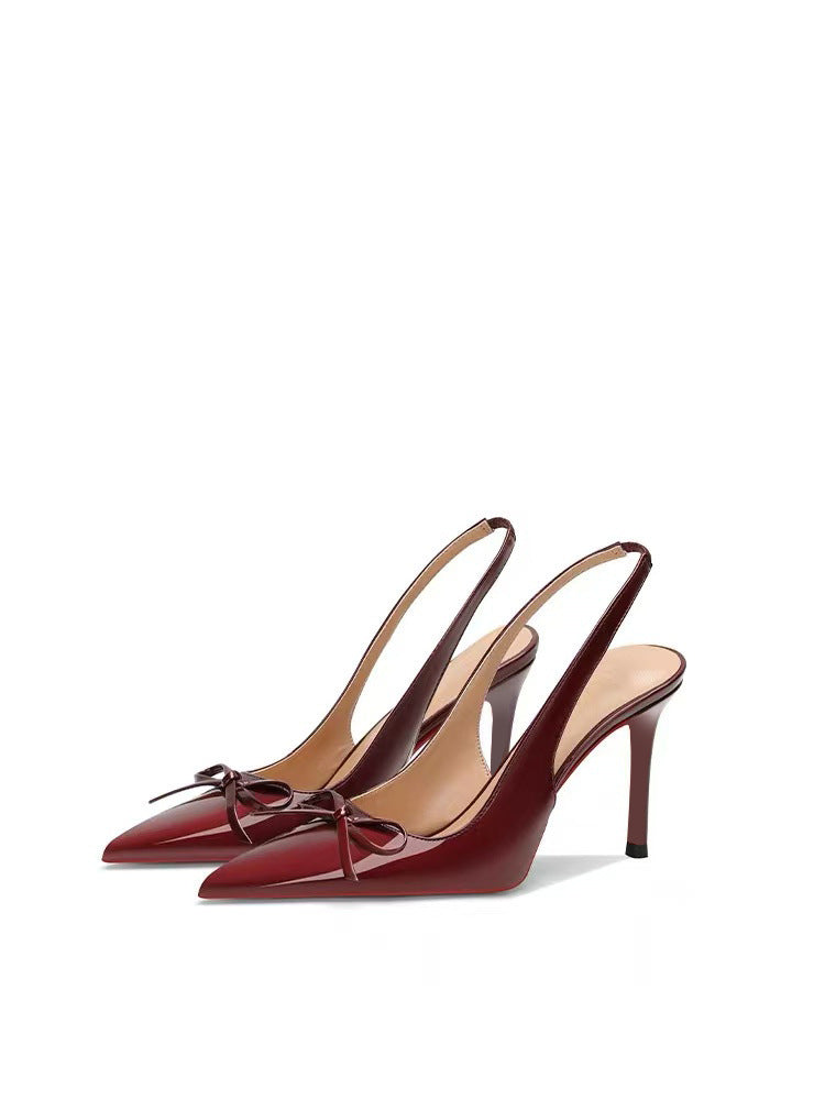 Nude high heels for women 2026 summer new arrival open back pointed toe stiletto shallow elegantflats red bottom bows sandals