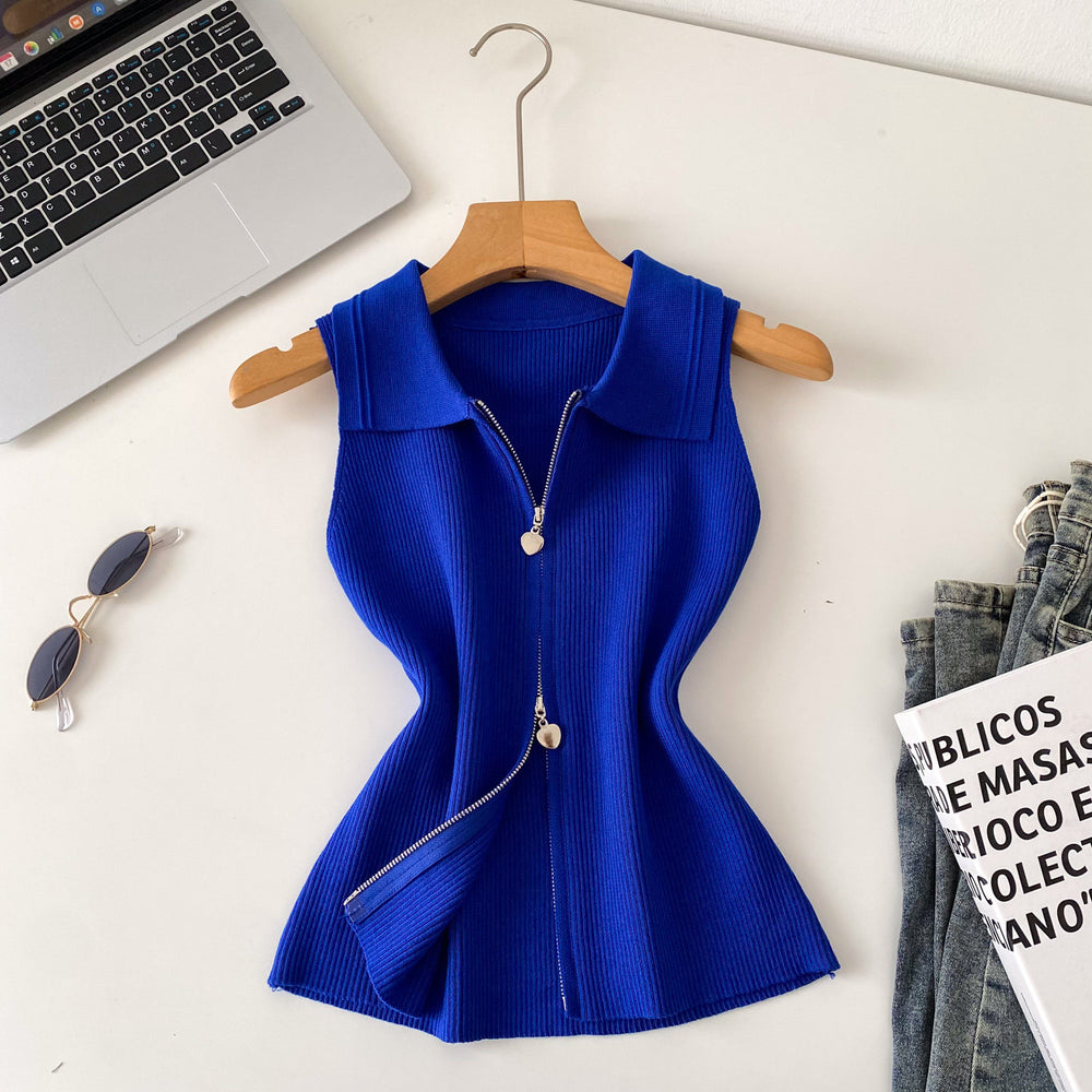 Korean style commute chic: women's summer slim-fit sleeveless knit vest with polo collar and zipper detail