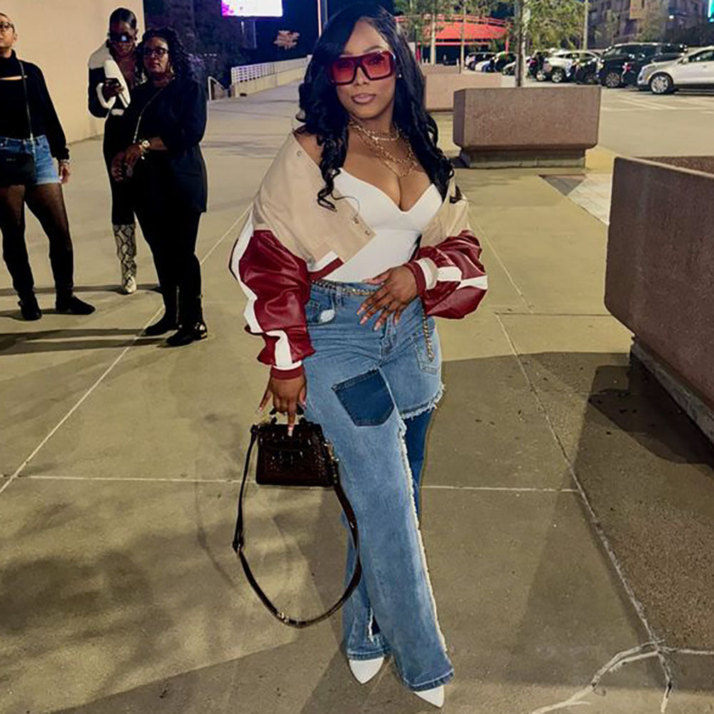 European and american cross-border women's clothing:  casual women's jeans, streetwear fashion color block patchwork trendy straight-leg pants
