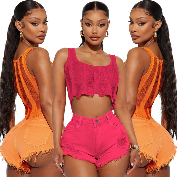 YD8697-B5 European and American women's clothing,  new models, fashionable and casual ripped raw edge denim shorts,