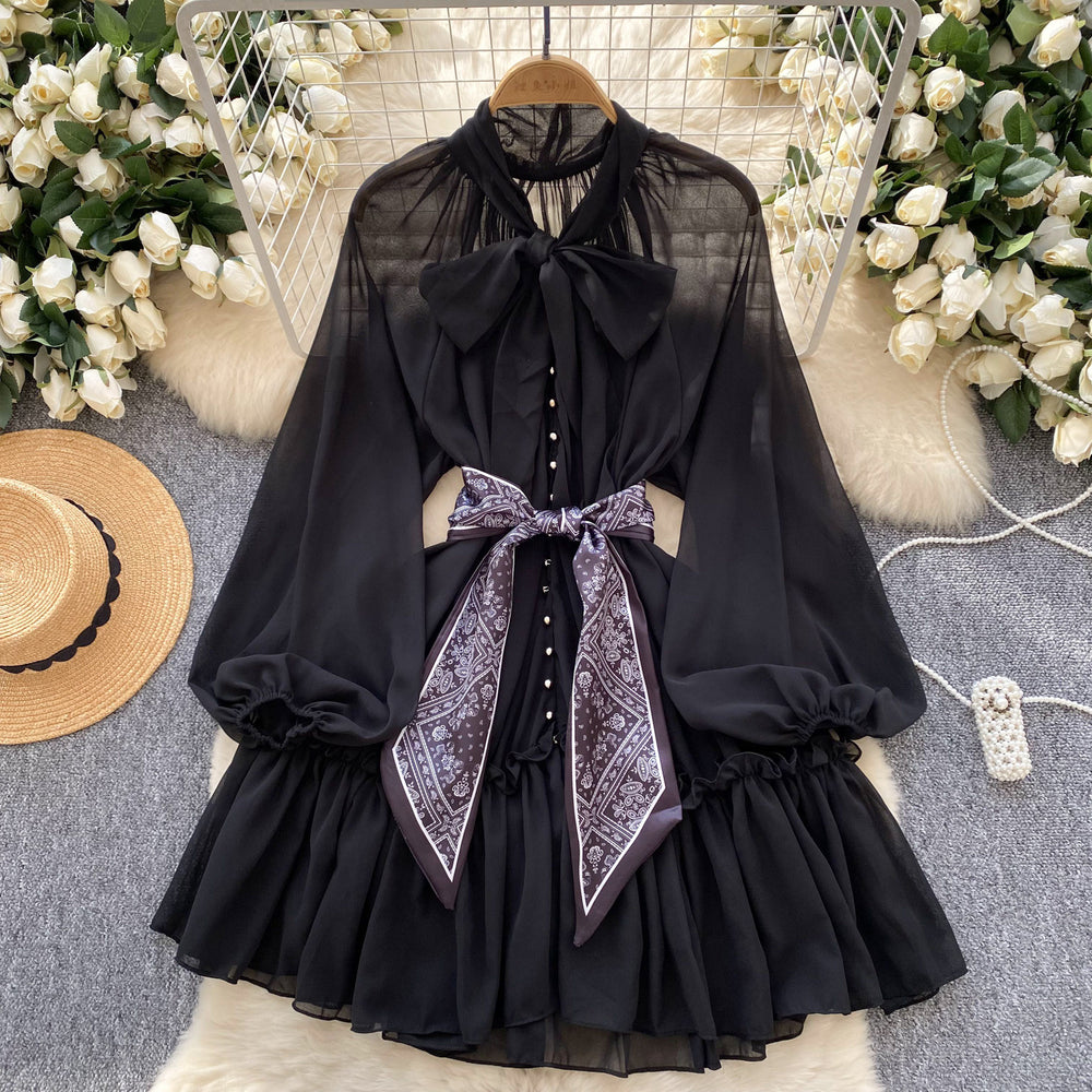 European and american style niche chic dress - women's fashionable silk scarf tie-waist lantern sleeve leopard print mesh a-line mini dress