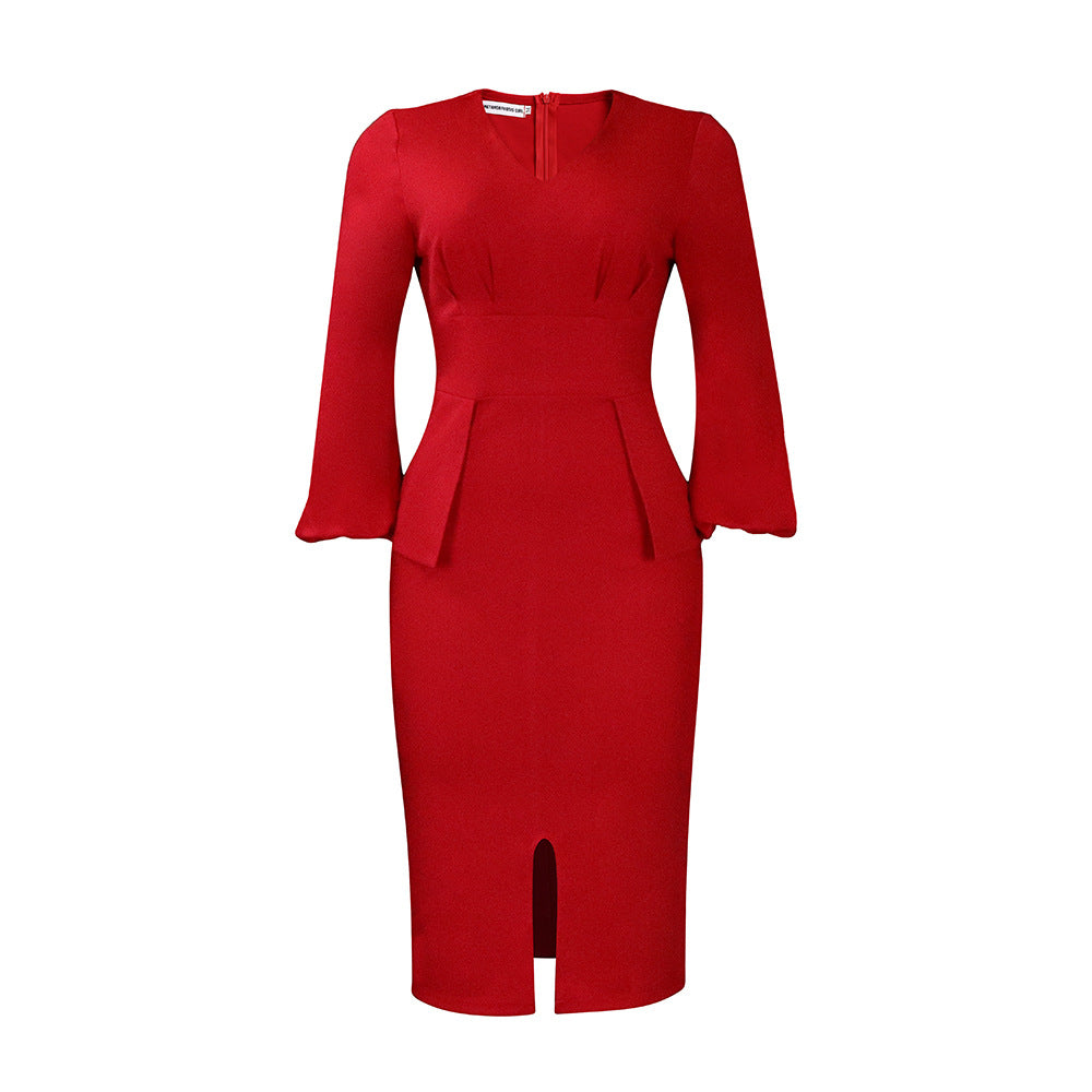 D354  european and american women's clothing v neck puff sleeve slit dress office pencil skirt african dress