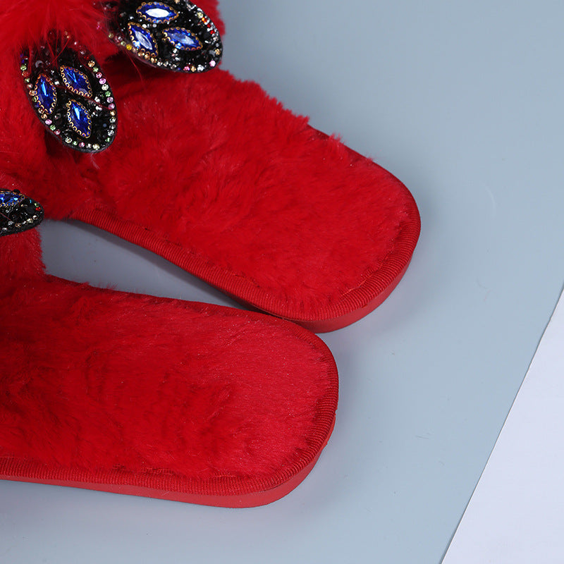 Furry slippers for women outwear 2024 fall and winter new arrivalk-stylepopular ostrich hair thick sole lazy one-word furry slippers
