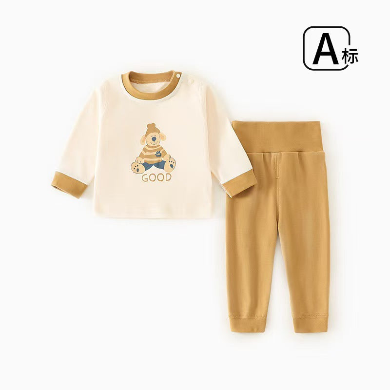 Baby autumn clothes and long pants suitpure cotton baby separateshigh waist belly protection heattech underwear girl bottom shirt fall and winter
