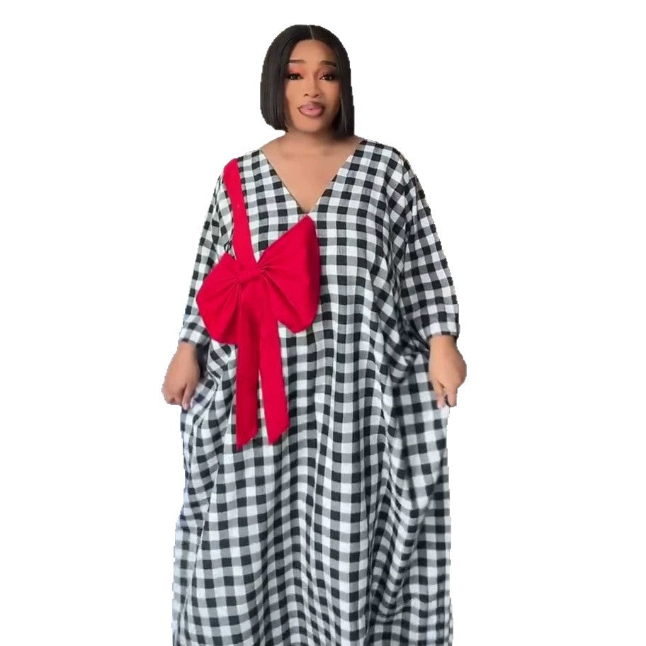 European and american cross-border african women's clothing  summer new arrival: elegant plaid loose plus size bow print dress