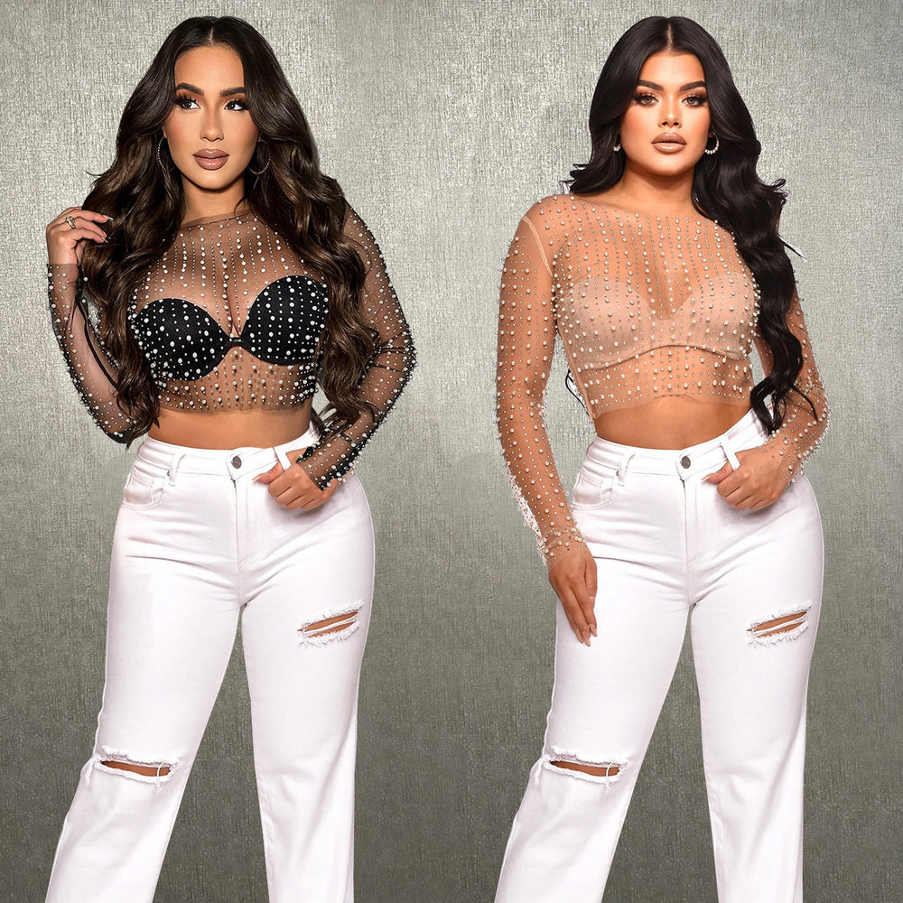 C6355   fashion women's solid color mesh rhinestone beaded long sleeve top - single piece set