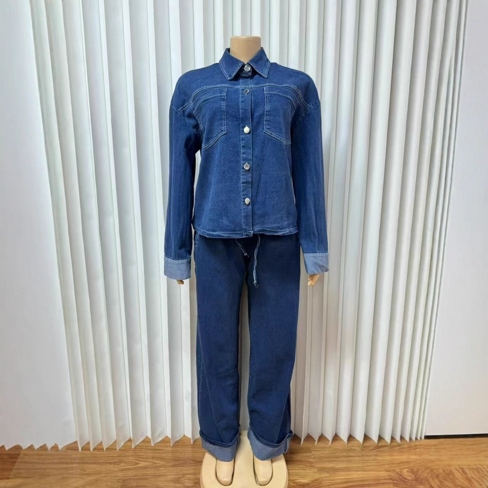 Fashion cross-border  direct sales new arrivalfashion women's lapel button retrolong sleevesworkwear denim pants cover