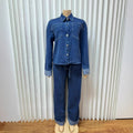 Fashion cross-border  direct sales new arrivalfashion women's lapel button retrolong sleevesworkwear denim pants cover