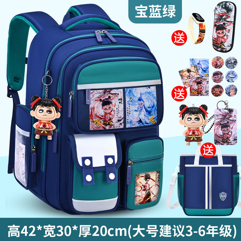 New nezha backpack for boys and girls, grades 1-6: spine protection, lightweight design, and extra-large capacity