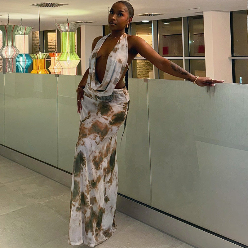 European and american style casual fashion women's printed ruched backless dress set - sleeveless tie-up deep v-neck maxi dress two-piece outfit
