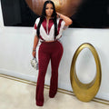 European and american style fashion casual elastic waist color block patchwork color block sport two-piece pants set -