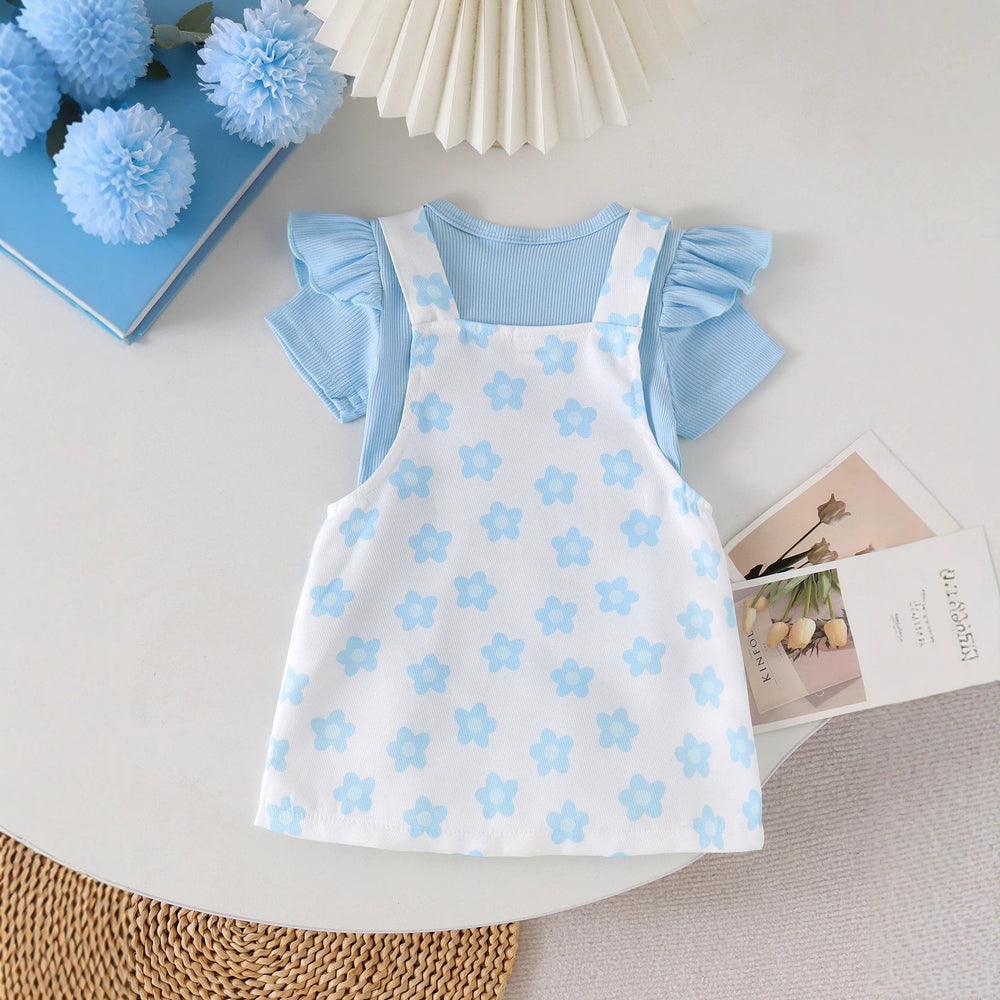Baby girl light blue flying sleeve blue flower suspender skirt ruffle short-sleeved t-shirt floral suspender skirt fresh summer