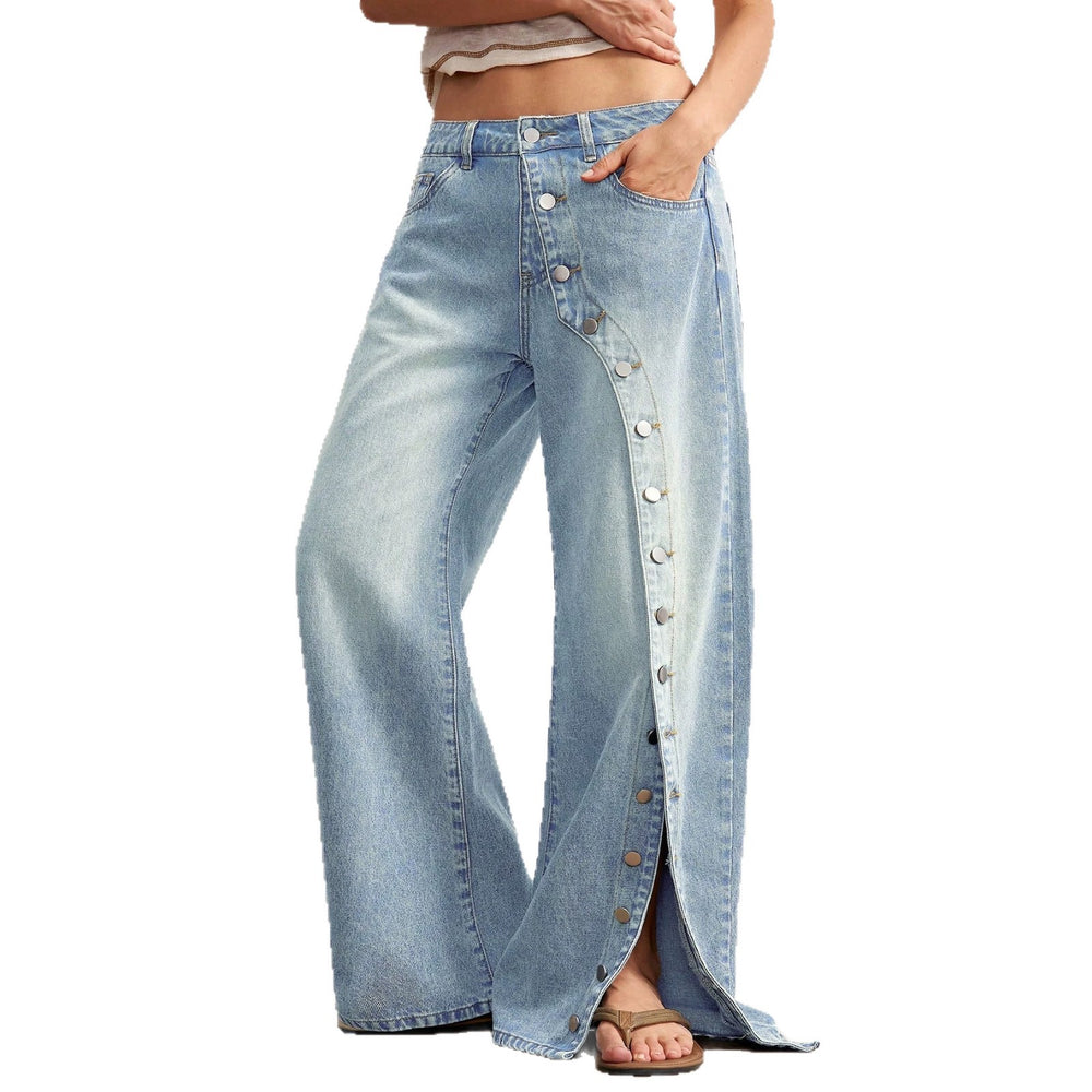 Fashionjeans women's team button slit loose jeans retro washed detachable buttons draped mop pants