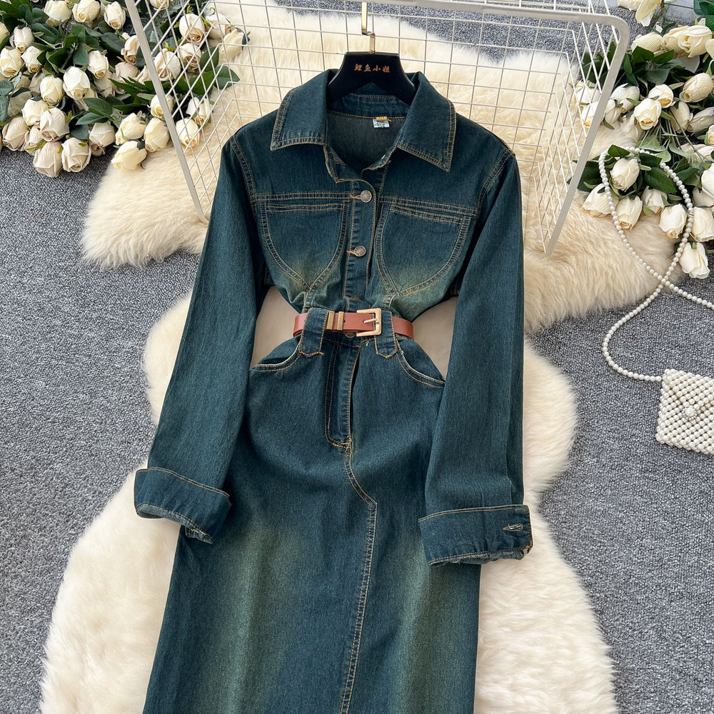 Frenchretro light mature style strappy waist lapel long sleevesdress women slimming lookelegant single-breasted denim long skirt