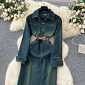 Frenchretro light mature style strappy waist lapel long sleevesdress women slimming lookelegant single-breasted denim long skirt