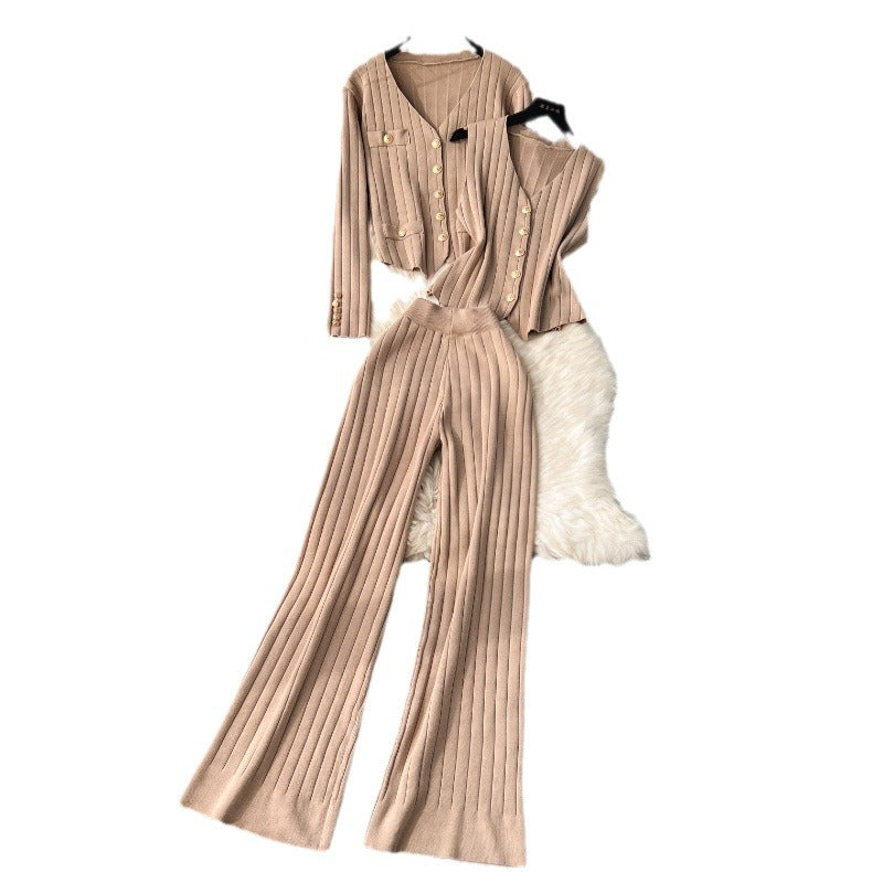 Premium women's spring  outfit set: metallic buckle vest, versatile knit cardigan, and wide-leg pants - a stylish three-piece ensemble