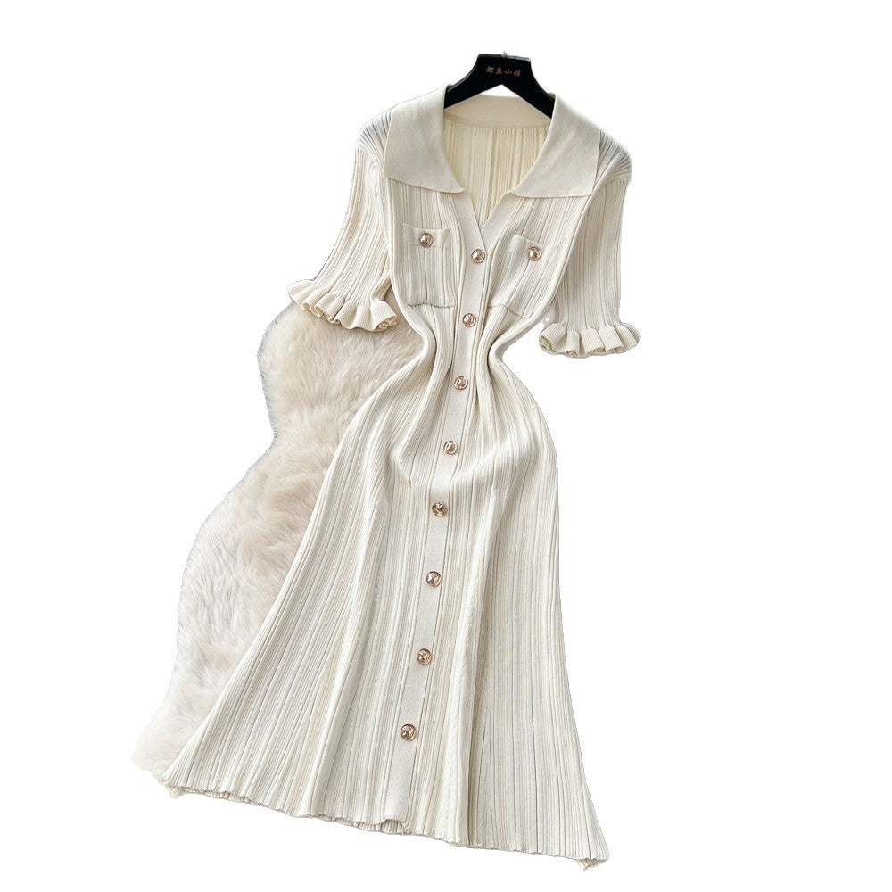K-style pink buttoned knittingdress women's 2026 summer silmwork clothingelegant silmslimming look a-line skirt