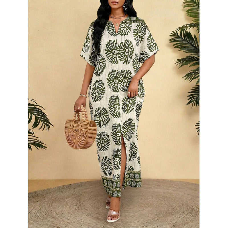 Amazon european goods  summer new arrival printed elegant v-neck short sleeve long loose slimming dress