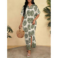Amazon european goods  summer new arrival printed elegant v-neck short sleeve long loose slimming dress