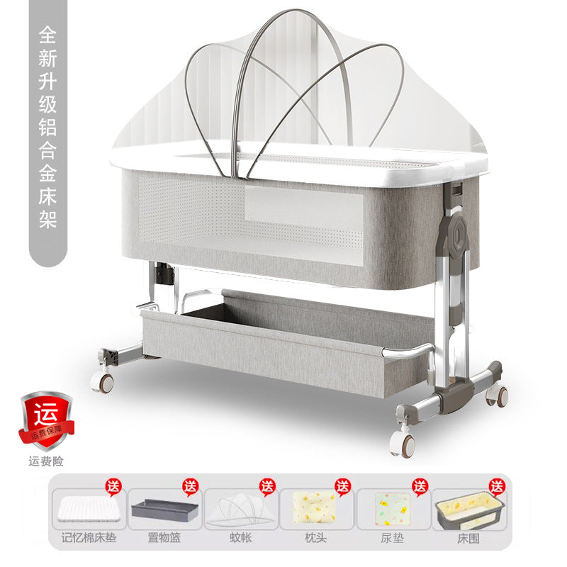 Aluminum alloy baby crib convertible to big bed, multifunctional portable folding children's bed, newborn baby bed with changing table