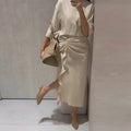 cross-border european and american women's clothing: summer dress for women, casual vacation style solid color slit pleated dress