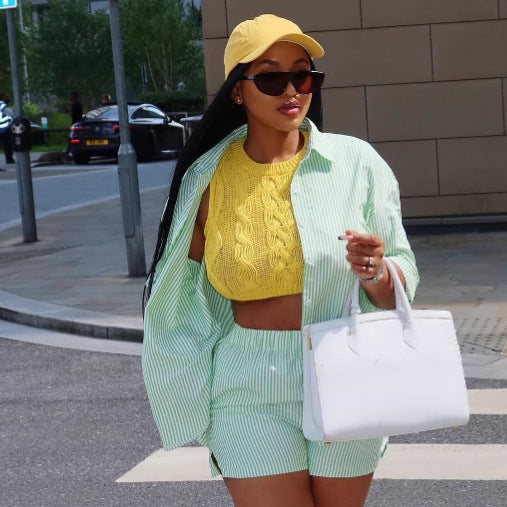 European and American large-size casual cardigan lapel striped shirt loose foreign style shorts African new women's clothing two-piece set summer