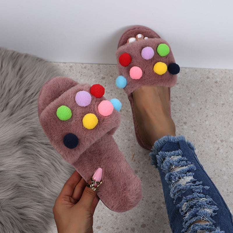 Plus size women's polka dot fuzzy slippers - autumn/winter 2024 warm home slippers - dropshipping available