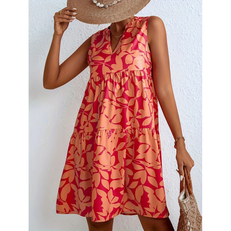 Shipped to europe and the us:  independent store women's v-neck printed dress, sleeveless a-line skirt