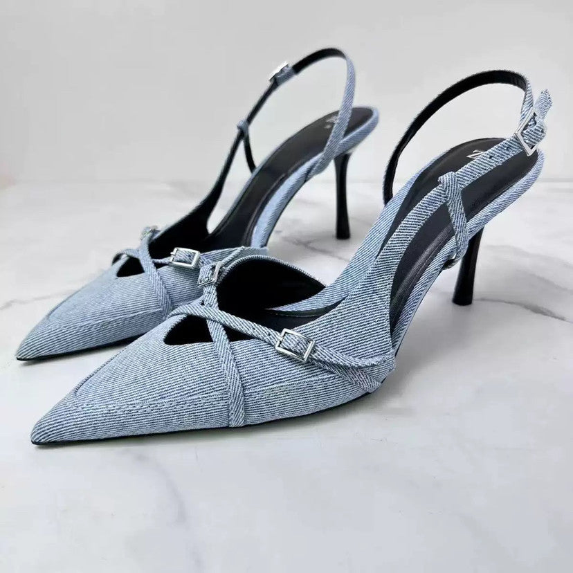 Za manufacturer 2024 summer export criss-cross buckle strap pointed toe high heel sandals british style mule women's shoes