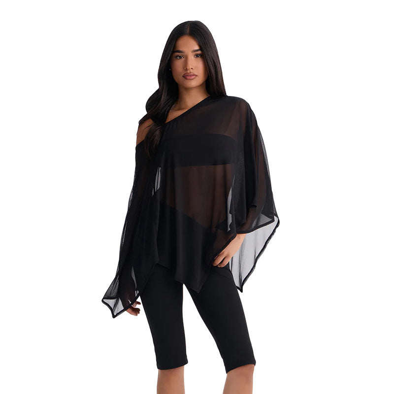 Women's european and american style autumn  new collection: solid color mesh off-shoulder cover-up, sexy bandeau top, and pants three-piece set