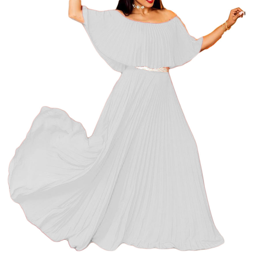 C8464 european and american style women's  summer off-the-shoulder solid color pleated maxi dress formal gown export dress