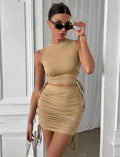 European and american cross-border summer  new women's solid color crew neck sexy fashion slim fit ruched sleeveless women's set