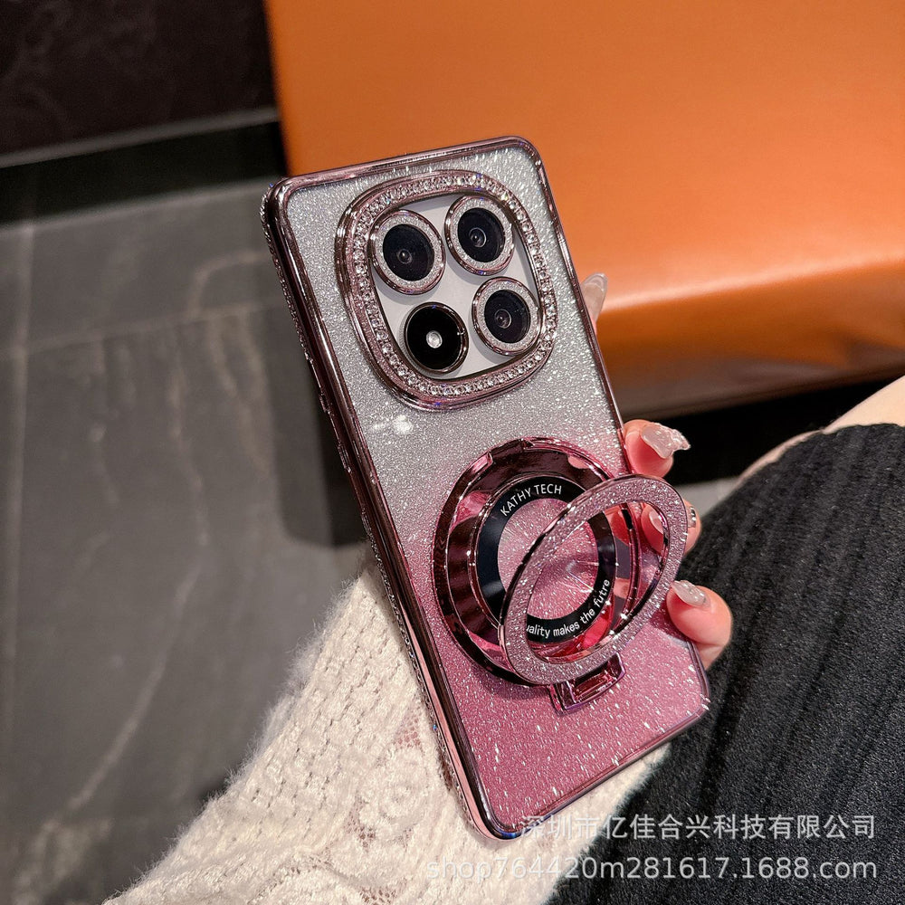 Suitable for redmi note15pro rhinestone electroplating makeup mirror mobile phone case xiaomi 14t all-inclusive glitter magnetic holder