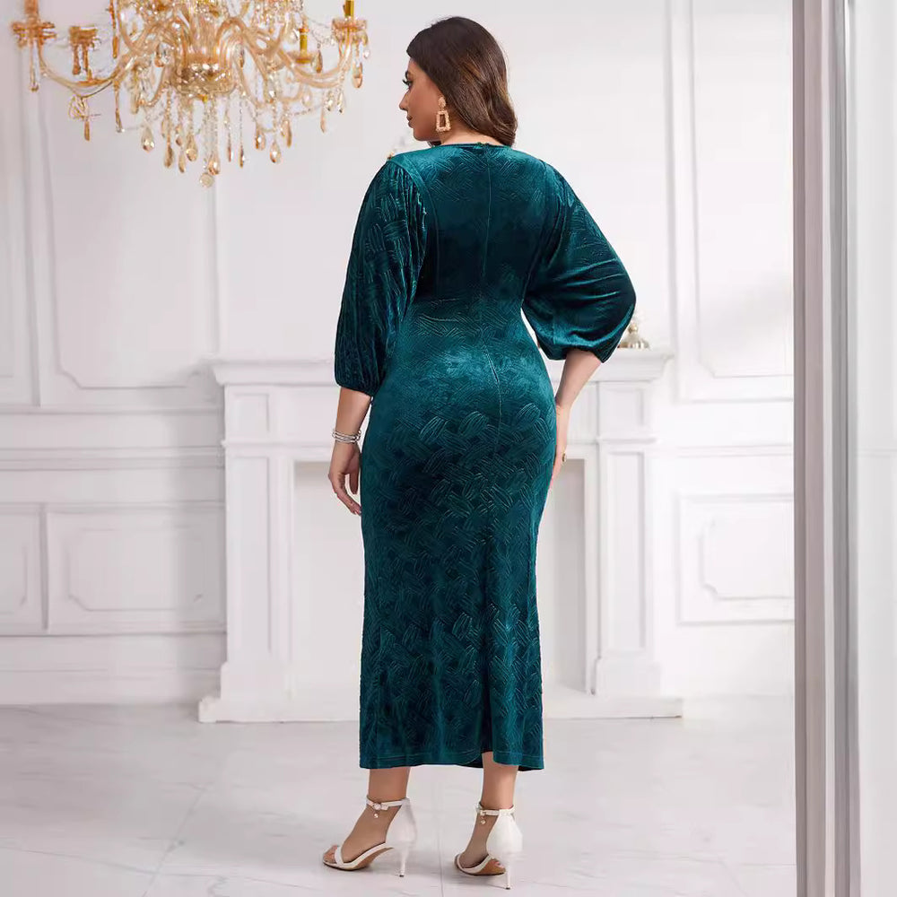 supply flannel embossed round neck handmade beaded lantern sleeves silmfashiondress special price