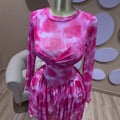 European and american cross-border women's spring  new arrival: long-sleeved crew neck bandeau print cinched waist ruched mini dress