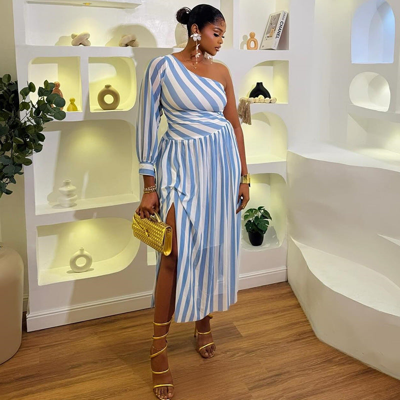 European and american cross-border women's fashion:  autumn new arrivals - sexy and chic blue striped one-shoulder slit irregular dress