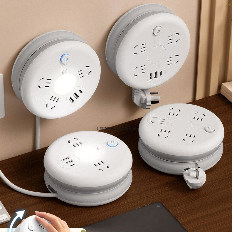 Round storage socket Multifunctional telescopic socket Dormitory plug-in board USB power strip Household plug-in board Long cable