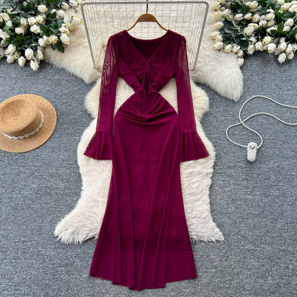 French chic, luxe & refined: v-neck, flared sleeve, mesh midi dress - figure-flattering, slimming, and effortlessly elegant