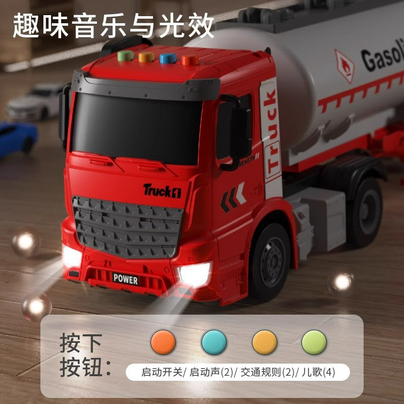 Kids' large-sized oil tanker truck with water spray, double doors, lights, music, and pull-back mud pump truck – perfect toy for boys!