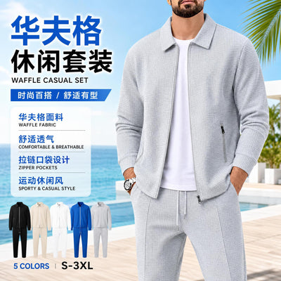 cross-border men's autumn waffle knit zip-up pocket slim-fit cardigan jacket set