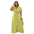 C7388 cross-border   fashion women's casual solid color v-neck tie-waist wide-leg jumpsuit new