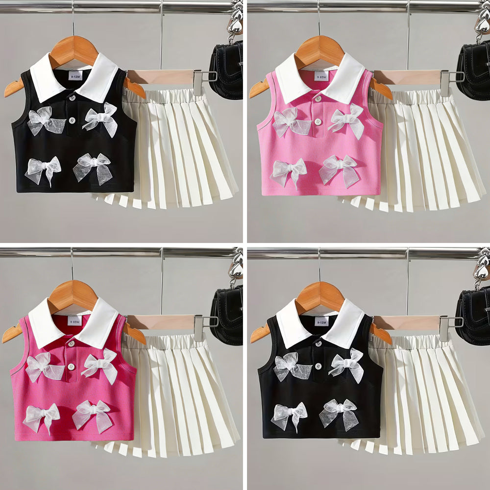 cross-border hot seller: girls' color block polo tank top and pleated skirt set with 3d bow two-piece outfit