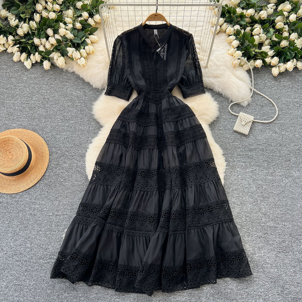 Frenchretro palace style dress women's waist slimming lookelegant puff sleeves lacepatchwork large swing dress long skirt