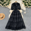 Frenchretro palace style dress women's waist slimming lookelegant puff sleeves lacepatchwork large swing dress long skirt