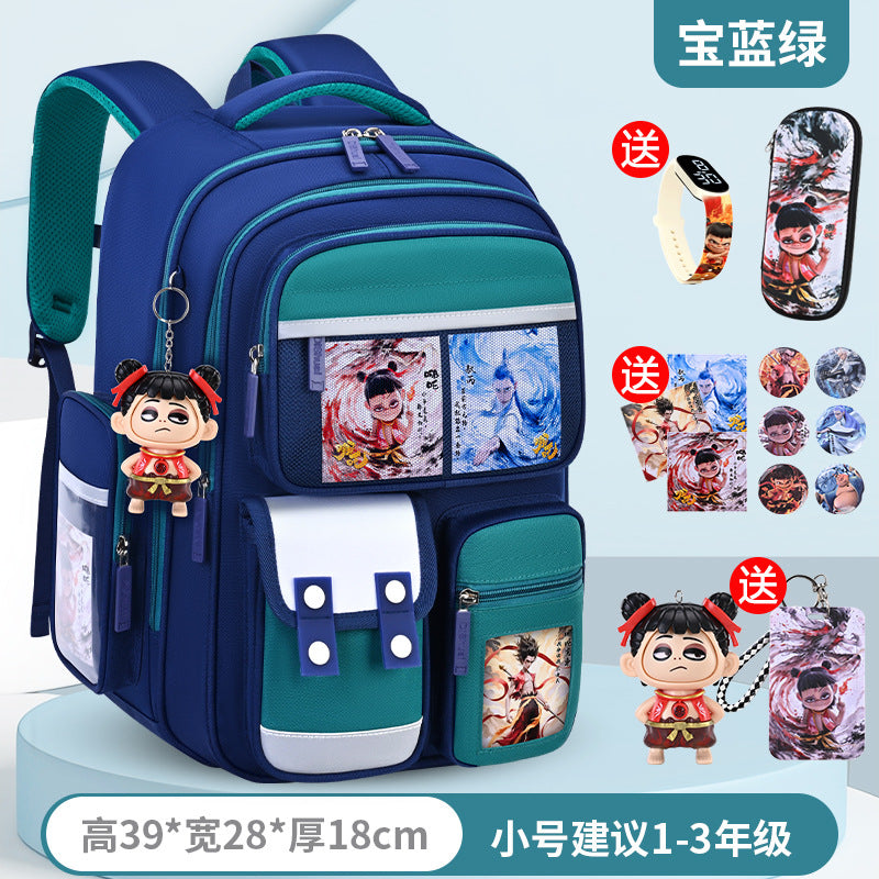 New nezha backpack for boys and girls, grades 1-6: spine protection, lightweight design, and extra-large capacity